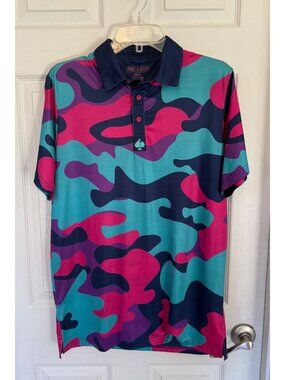 Pins & Aces 3 Button Closure Camo Short Sleeve Men's Golf Polo Shirt Size Medium